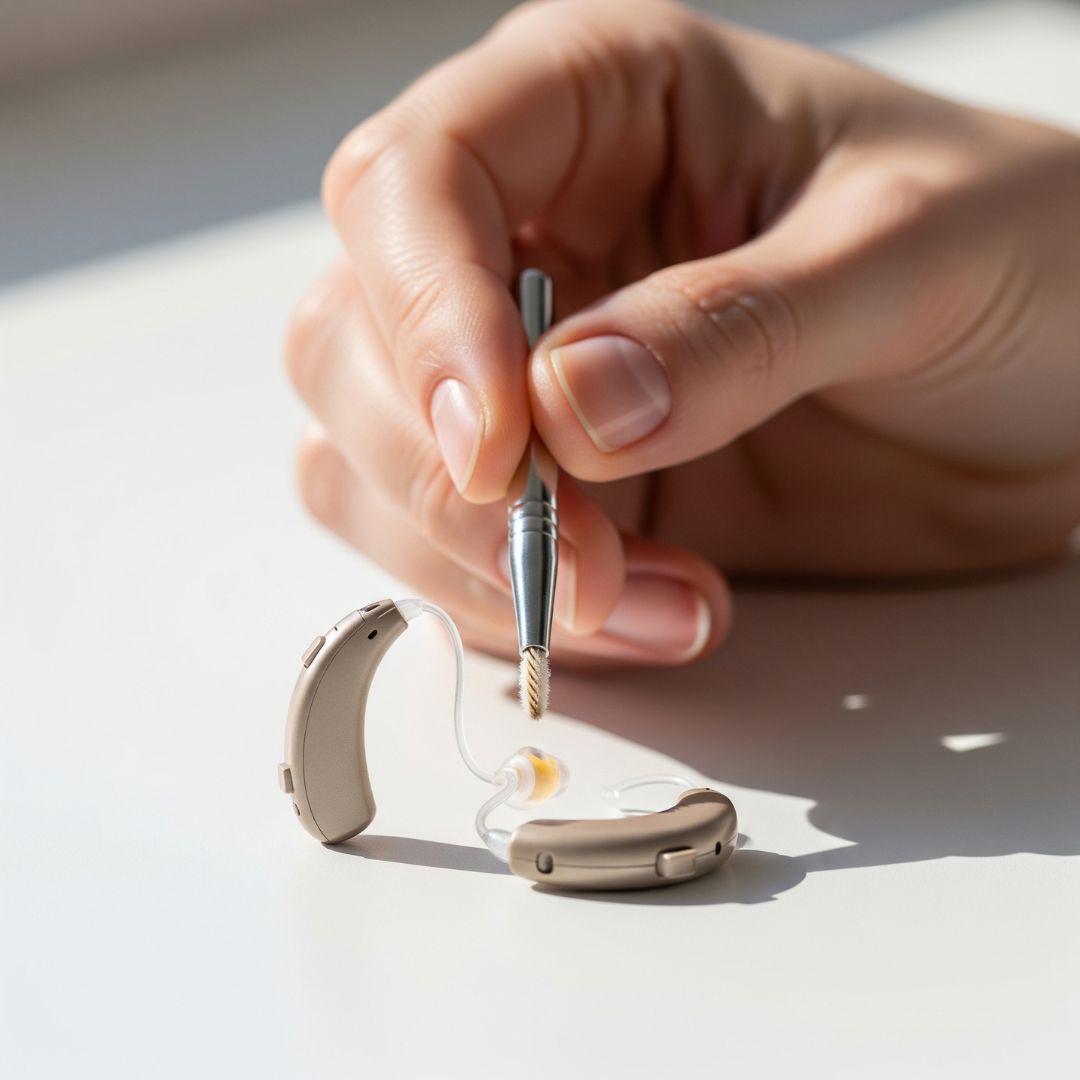 Hand holding a cleaning tool near a hearing aid, demonstrating proper maintenance.