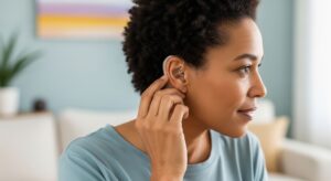 A person adjusting a hearing aid in their ear in a modern, well-lit room.