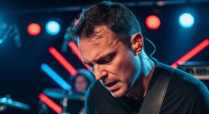 Guitar player wearing earplugs.