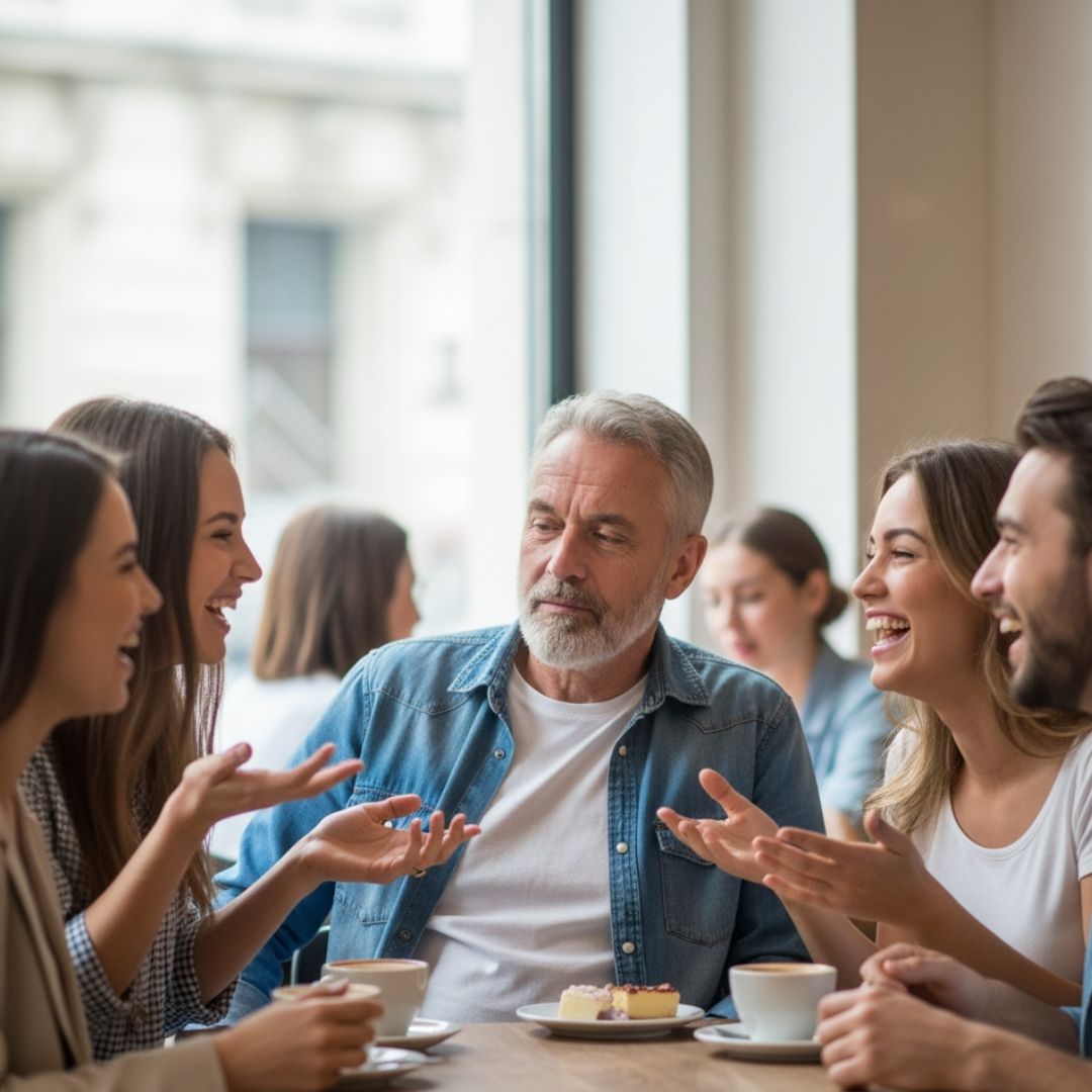 man sitting out of a dinner conversation