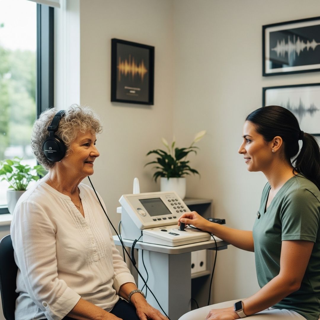 older woman getting a hearing evaluation
