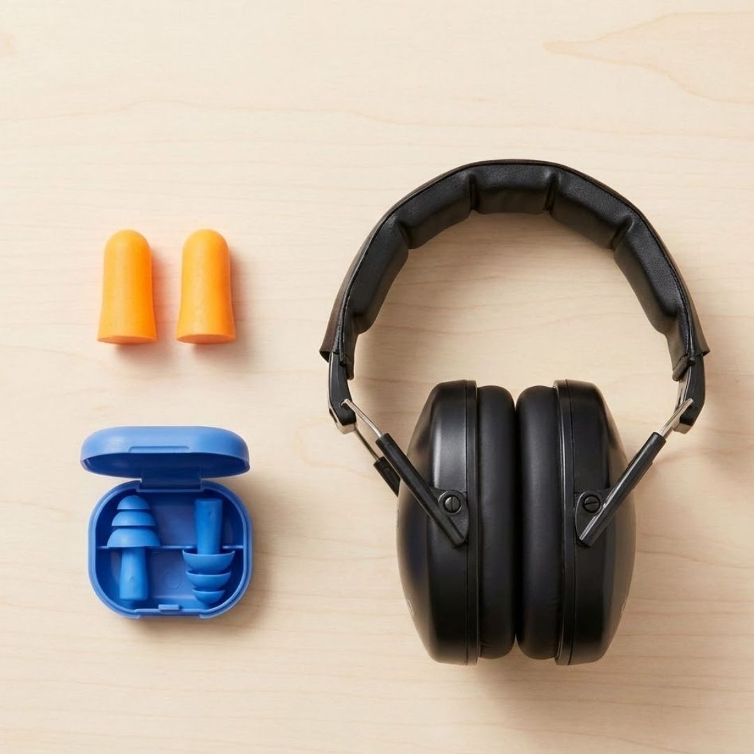 Flat lay of foam earplugs, silicone earplugs in a case, and earmuffs.