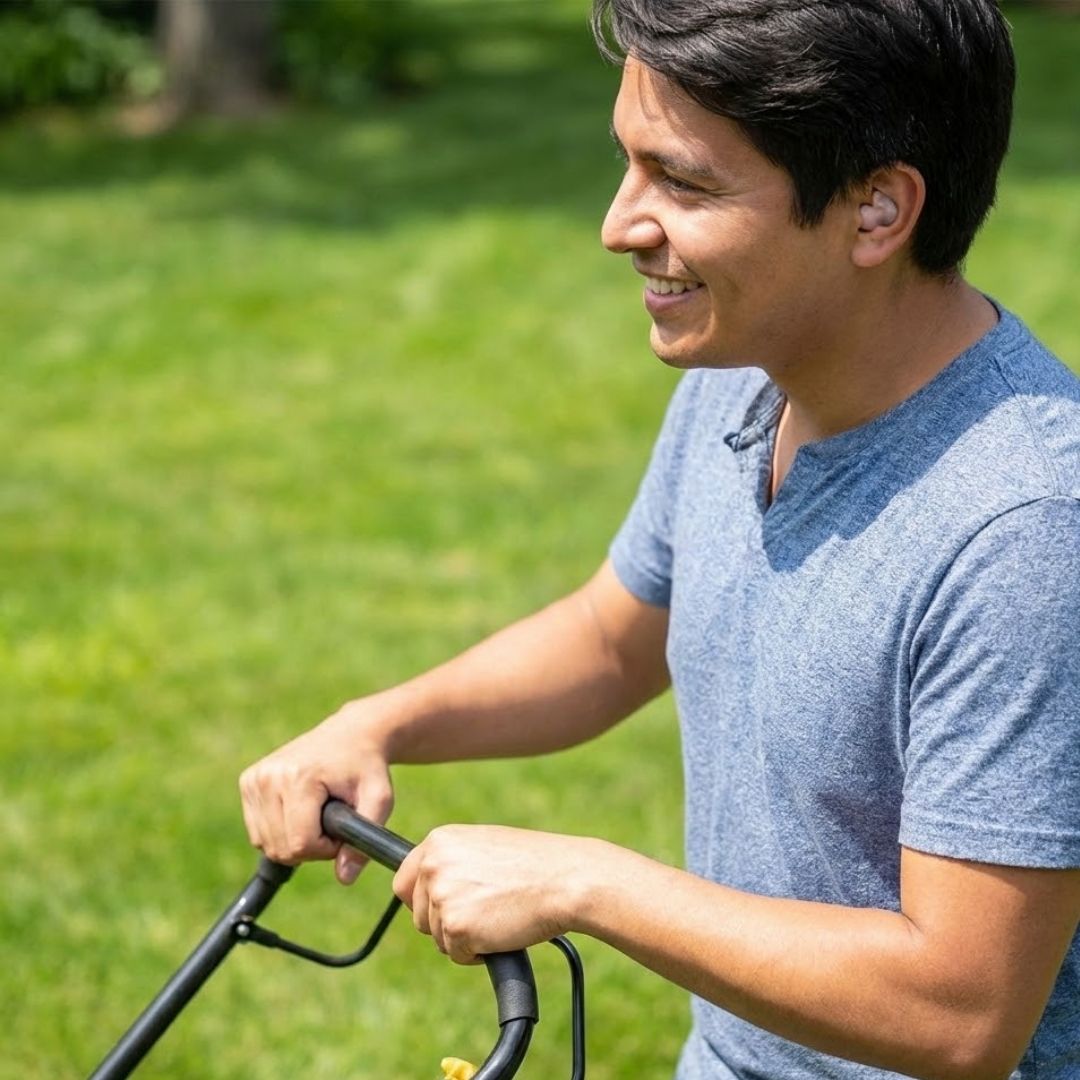 Man mowing a lawn while wearing an earplug.