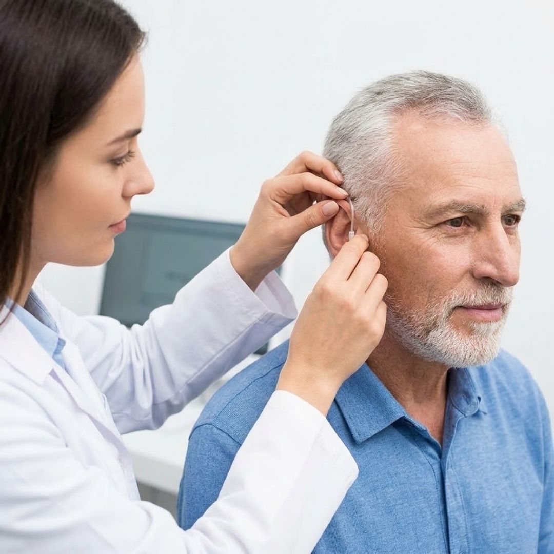 Clinician adjusting a man's hearing aid in clinic.
