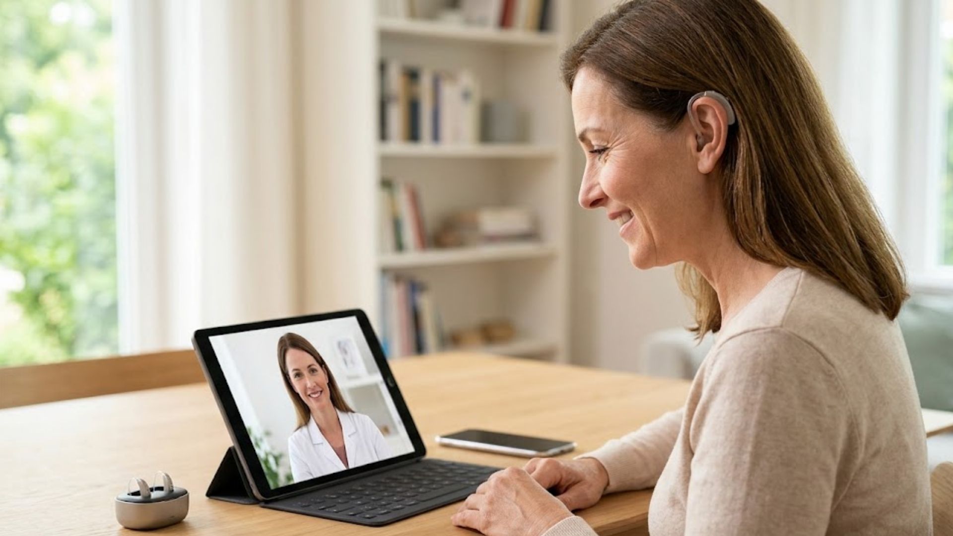 A smiling patient wears a modern hearing aid while having a virtual consultation on a tablet with an audiologist.