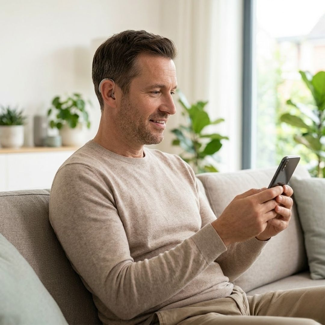 A man is accessing a virtual hearing appointment from his living room using a smartphone.