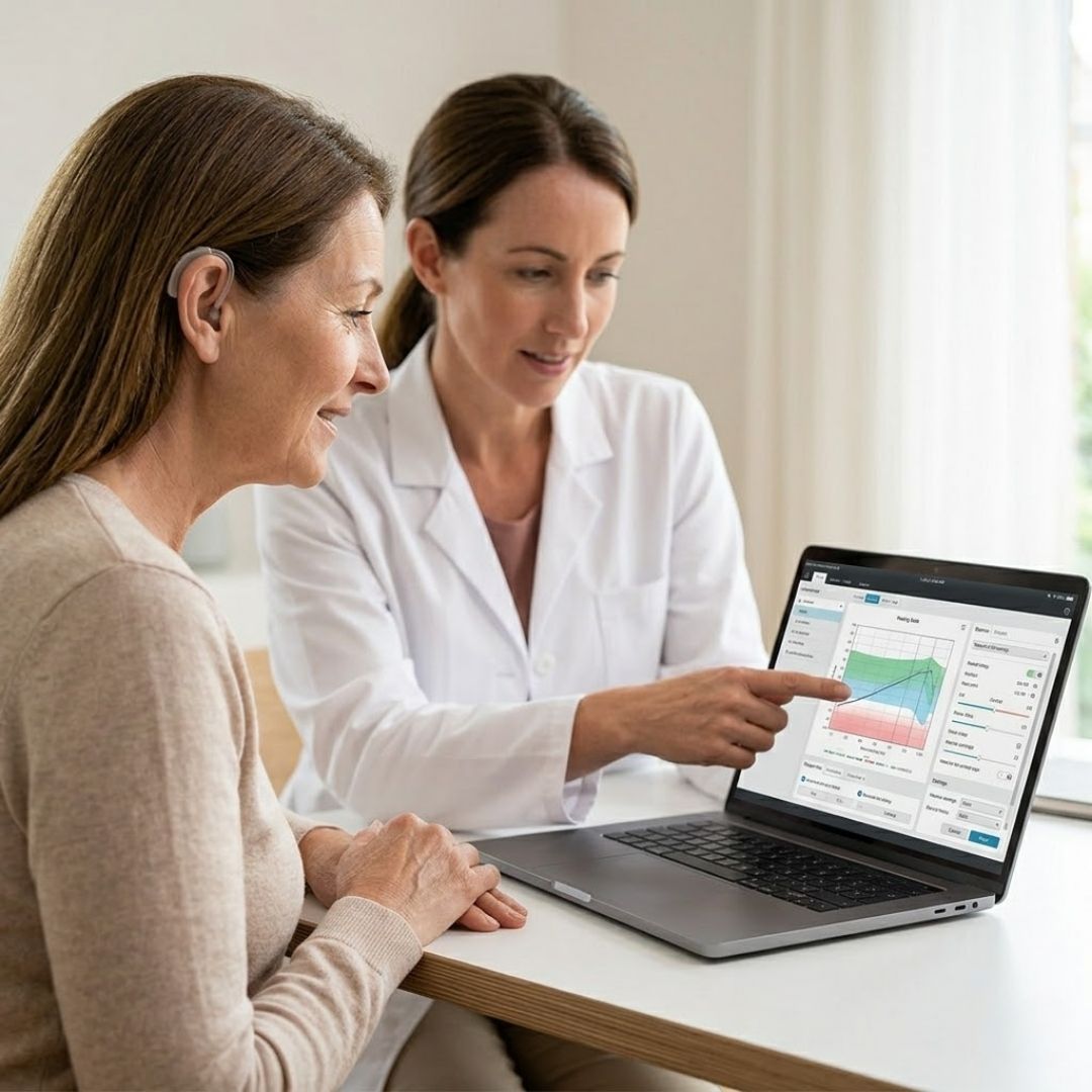An audiologist points to hearing data on a laptop screen while reviewing it with a patient during a consultation.