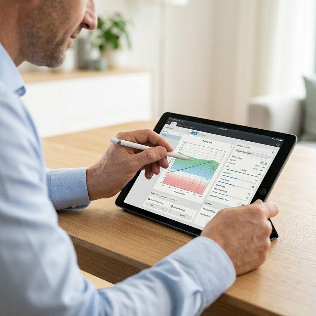 An audiologist remotely adjusts hearing aid settings using a tablet.