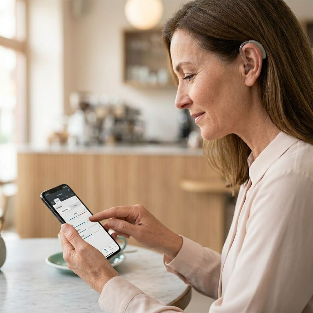 A woman actively using a smartphone app to control her hearing devices.
